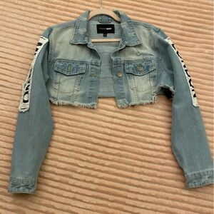 Fashion Nova Distressed Cropped Denim Jacket - Size Small